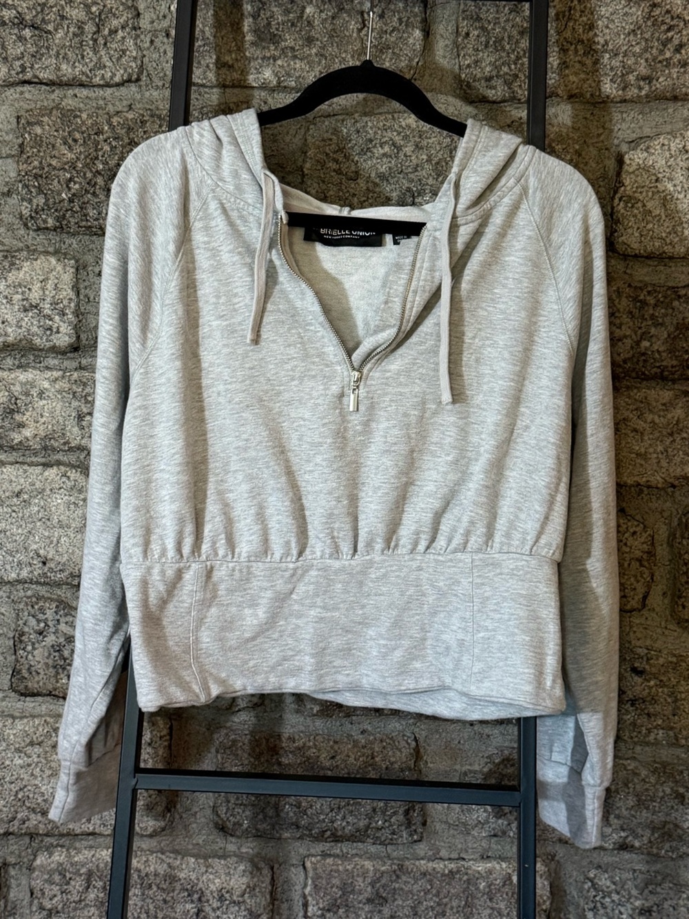 Gabrielle Union Light Gray Quarter Zip Graphic “Peace Joy Grace” Cropped Hoodie